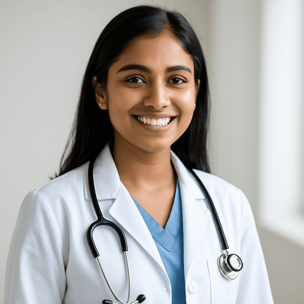 A confident Indian medical student in a white coat